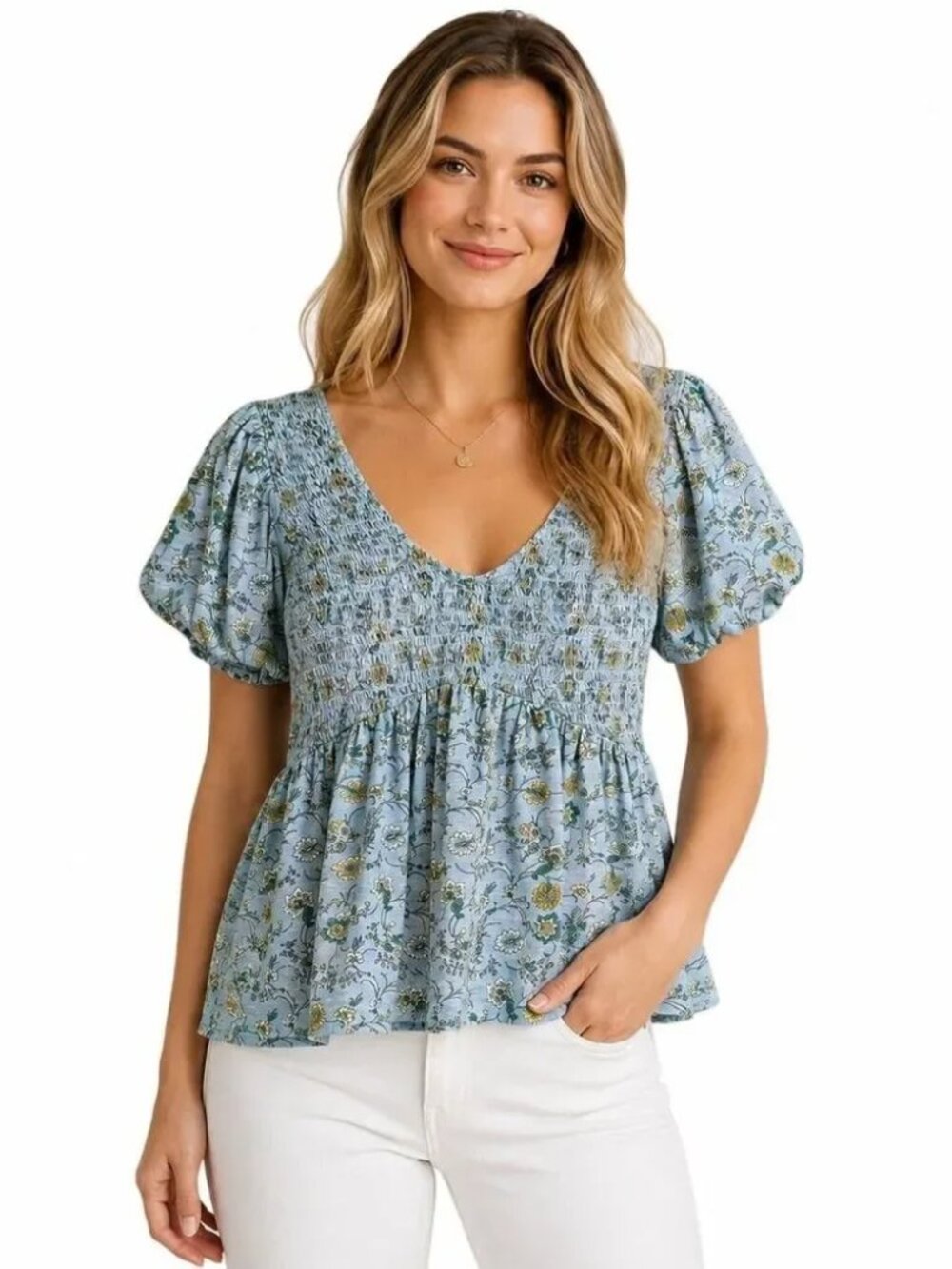 Lucky Brand BUBBLE SLEEVE SMOCKED TOP (X-Small, BLUE MULTI)